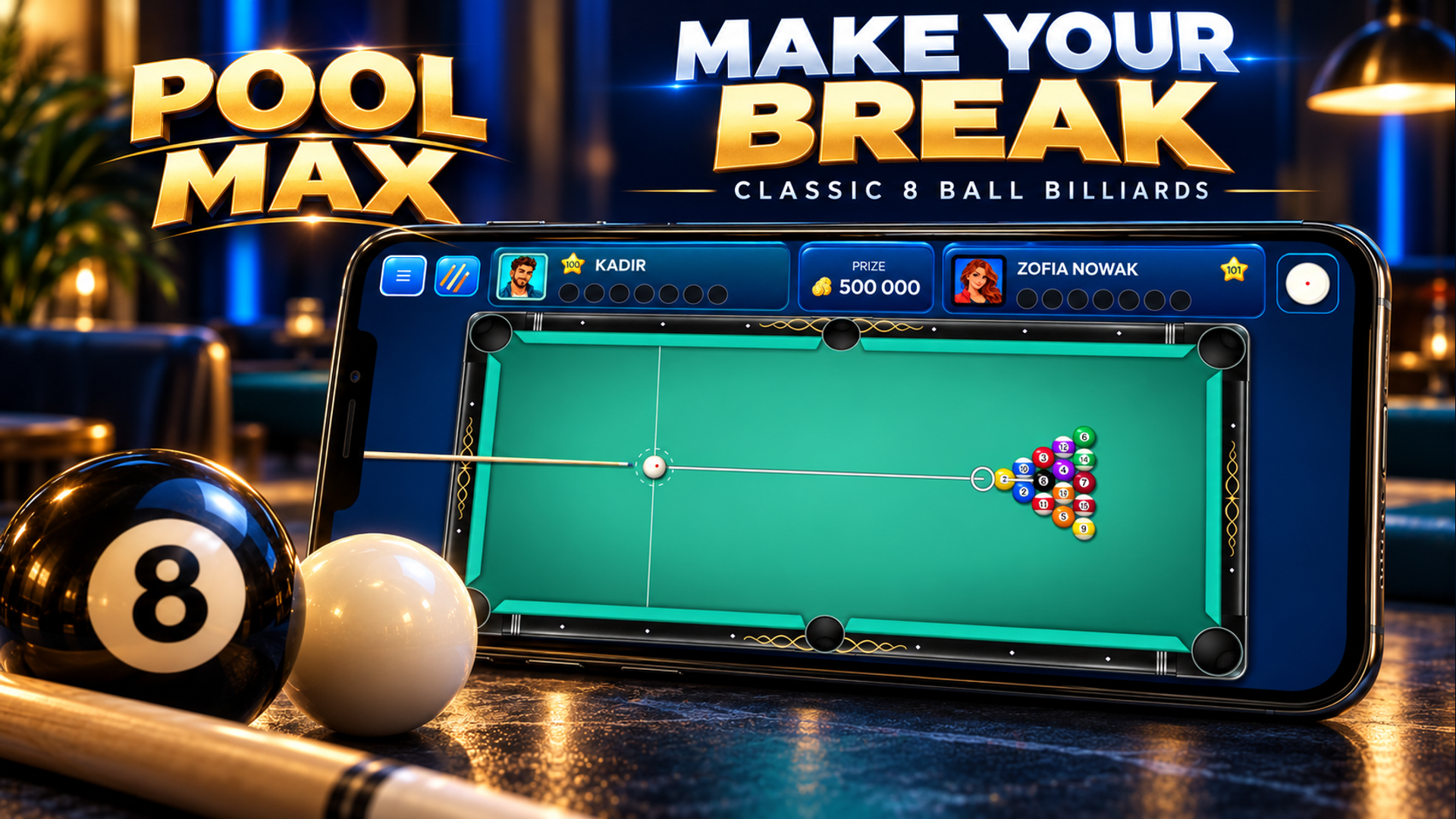 Pool Max-Werbebild bei Google Play mit einem Billardtisch auf einem Smartphone.