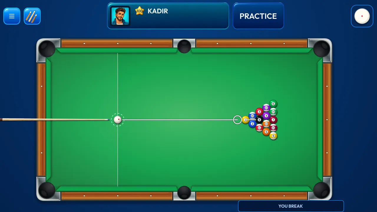Pool Max-Übungstisch mit Kugeln, Queue und Ziellinie.