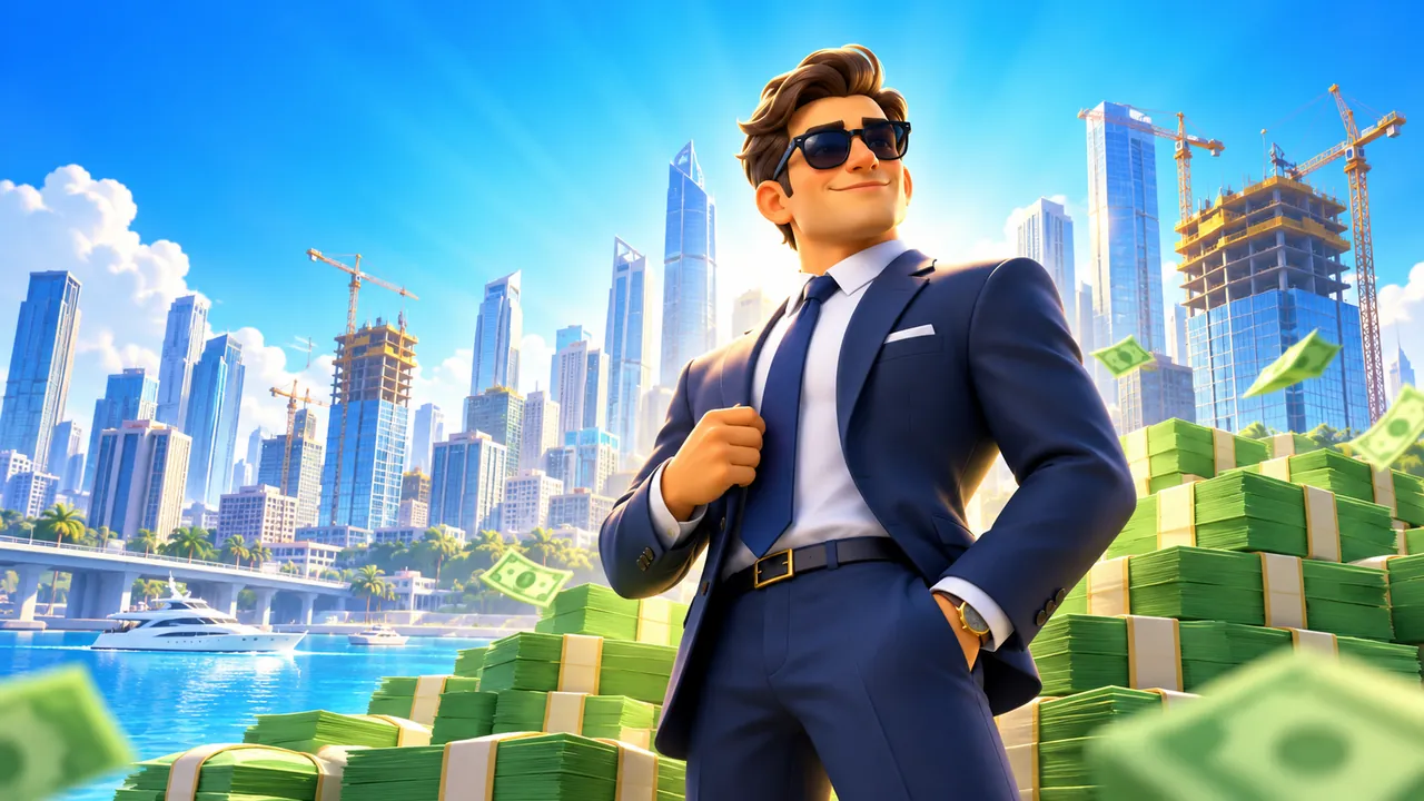 Illustrazione di un gioco gestionale con personaggio in abito, città e denaro virtuale